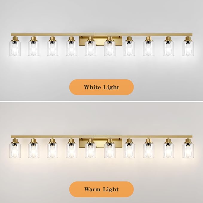 Gold Bathroom Vanity Light,10-Light Brushed Gold Bathroom Light Fixtures with Clear Glass,64.5in Wall Lamp Sconces for Mirror Bedroom,Living Room Hallway,E26
