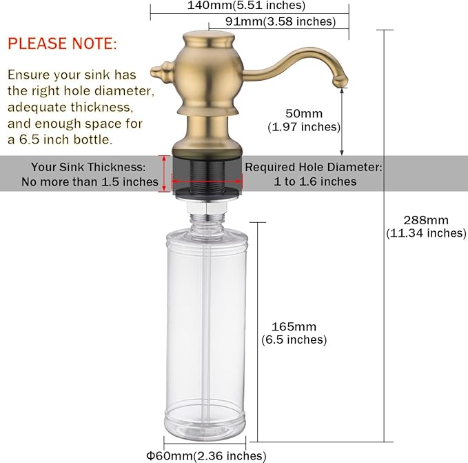 RANDOM Brushed Gold Soap Dispenser for Kitchen Sink,Built in Sink Soap Dispenser with Solid Brass Pump Head Soap Dispenser Extension Tube Kit and 11 Ounce Large PET Liquid Soap Bottle.RD84038BG