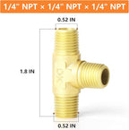 GASHER 2PCS Brass 3 Way, 1/4" x 1/4" x 1/4" NPT Male Tee Pipe Fittings