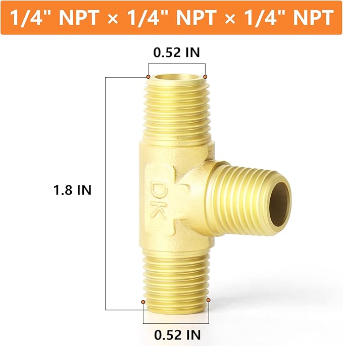 GASHER 5PCS Brass 3 Way, 1/4" x 1/4" x 1/4" NPT Male Tee Pipe Fittings
