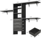 8FT Closet System, 96'' Closet Organizer System with 3 Hanging Rods, Wall Mount Bedroom Wardrobe with 3 Drawers Walk-in Closet, Adjustable Cloth Garment Rack from 5 to 8FT (Cut to Fit), Black