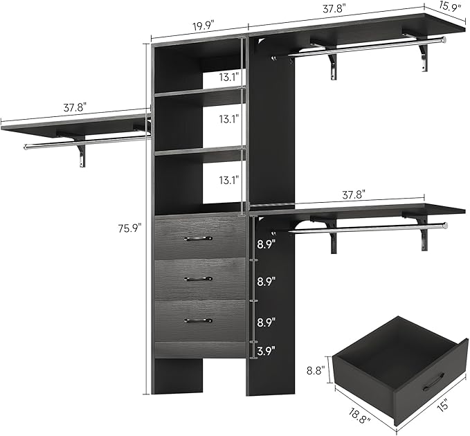 8FT Closet System, 96'' Closet Organizer System with 3 Hanging Rods, Wall Mount Bedroom Wardrobe with 3 Drawers Walk-in Closet, Adjustable Cloth Garment Rack from 5 to 8FT (Cut to Fit), Black