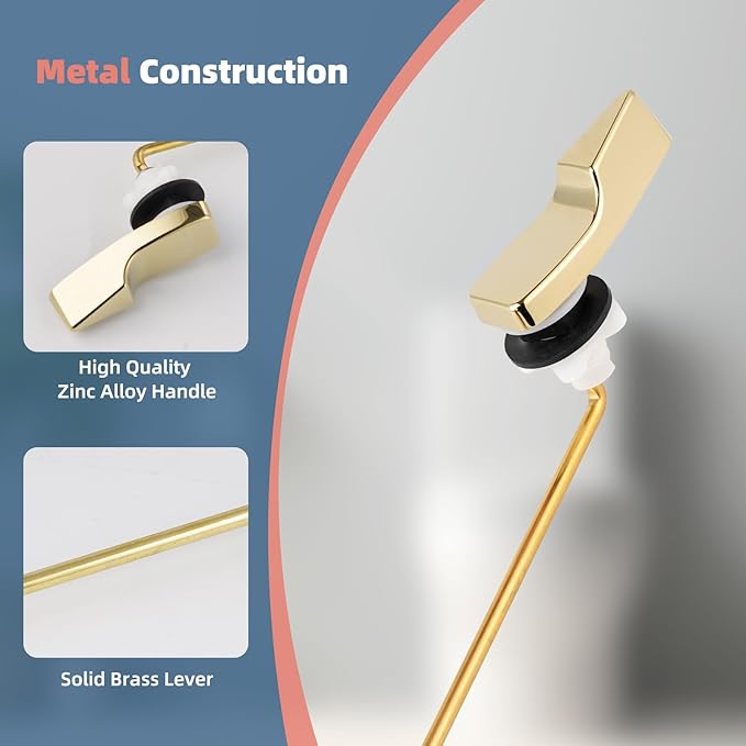 Polished Gold Universal Toilet Handle Replacement, Front Mount Toilet Flush Compatible with American Standard/Mansfield/TOTO/Kohler Toilets, Brass Toilet Trip Lever, Stainless Steel Flapper Chain