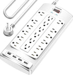 18 Outlets Surge Protector Power Strip - 10 Feet Flat Plug Heavy Duty Extension Cord with 18 Widely Outlets and 4 USB Ports, 2100 Joules, White, ETL Listed