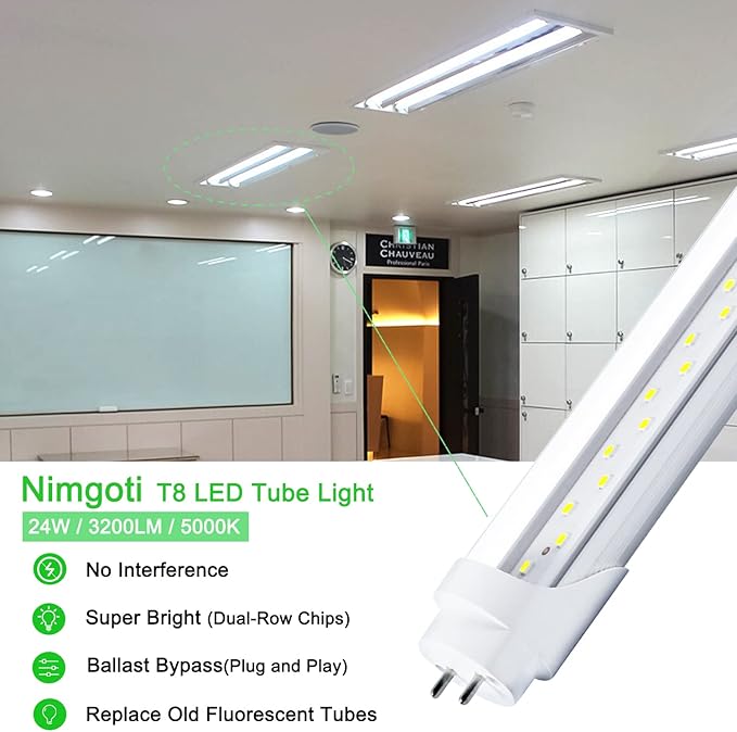 T8 LED Bulbs 4 Foot, 12-Pack 4FT LED Tube Light, 24W 3200LM, 5000K Daylight White, T8 Fluorescent Tube Replacement, Dual-Row Chips, Super Bright, Ballast Bypass, Dual-End Powered, Type B