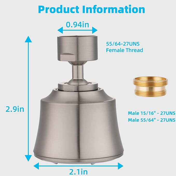 iFealClear Kitchen Sink Faucet Head, 360° Faucet Sprayer Attachment for Kitchen Faucet, Large Angle Faucet Aerator 55/64-27UNS, 2 Metal Swivel Joints, 4 Spray Modes, Brass Adapters, Brushed Nickel