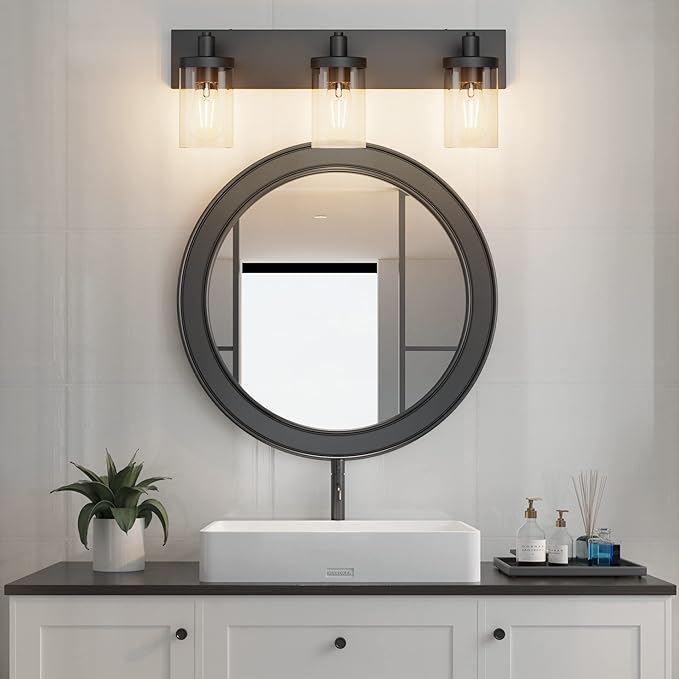 Aipsun Black Vanity Light for Bathroom 3 Light Farmhouse Bathroom Lights Fixtures Over Mirror with Clear Glass Shade(Exclude Bulb)