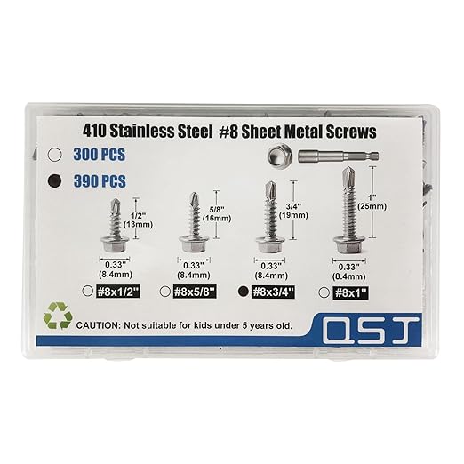 QSJ 390PCS #8 x 3/4'' Sheet Metal Screws 410 Stainless Steel Hex Washer Head Fast Self Tapping Screws with Screwdriver Bit Silver