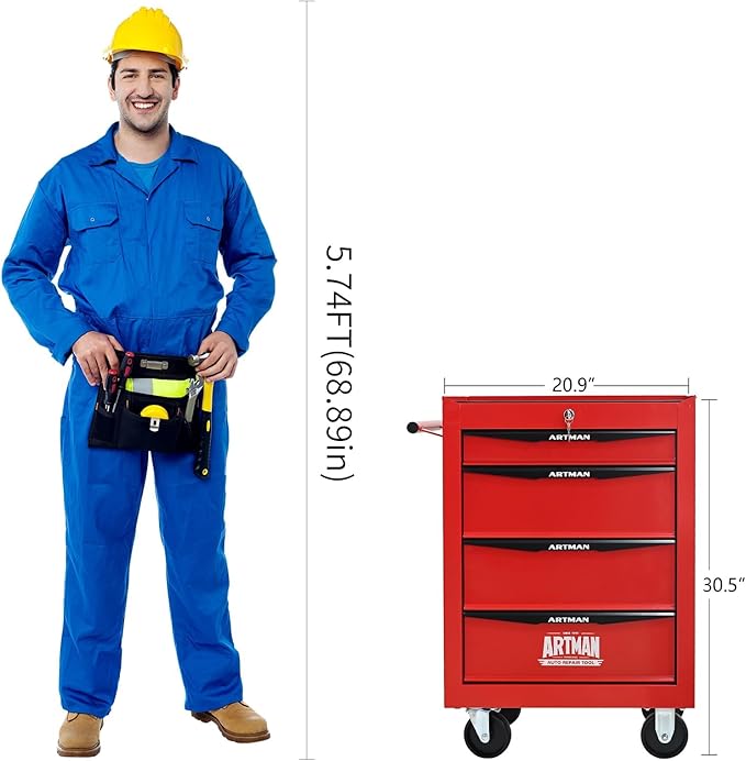 4-Drawer Steel Rolling Tool Cart with Wheels & Handle, Heavy-Duty Tool Chest Storage Cabinet for Garage and Workshop