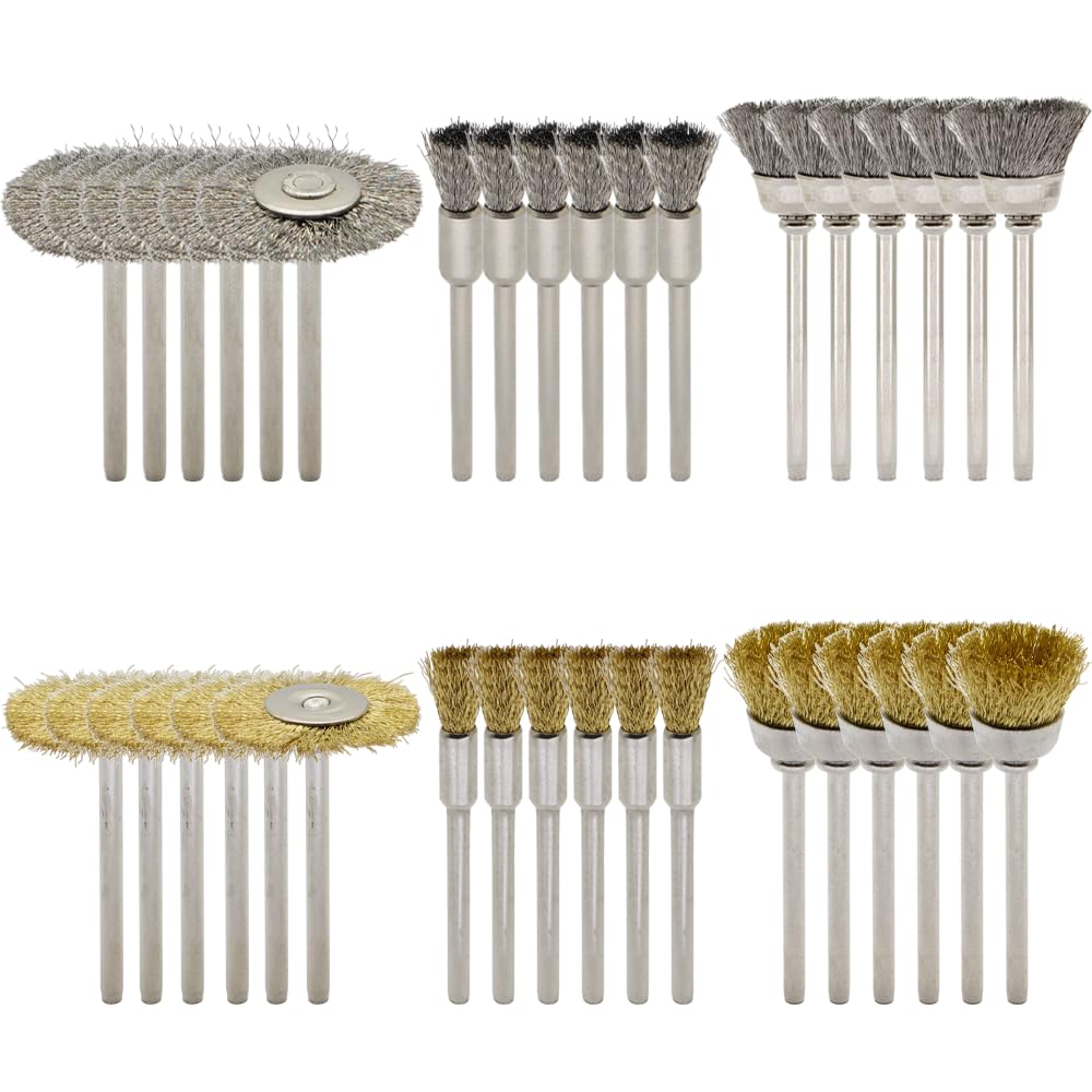 36-Piece Wire Brush Set - Metal Rust Removal, Polishing, Cleaning - Shaft 1/8″ (3mm) - Removes Burrs, Dust, and Oxide Layer - Handles Rough Surfaces - Designed for Industrial and DIY Enthusiasts