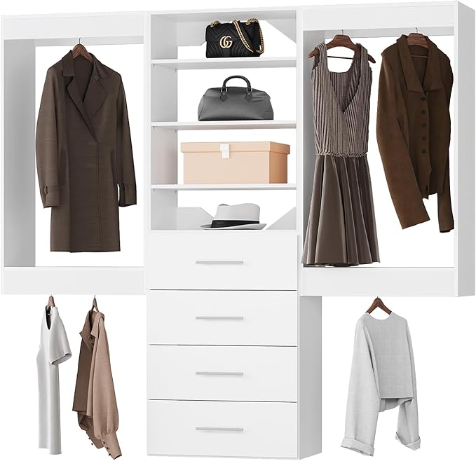 Modular Closet System, 60" Wide Closet Organizer System with Hanging and Drawers, Wood Tower Closet Storage for Walk In Closets, Wall Mounted Wardrobe Organizer Kit System, Bedroom, White
