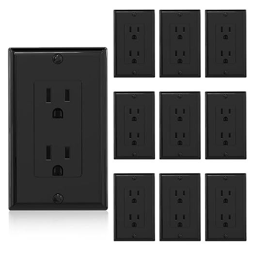 ELEGRP Decorator Receptacle, 15A 125V Standard Electrical Wall Outlet, 2 Pole 3 Wire, Non-Tamper Resistant, NEMA 5-15R, Self-Grounding Residential Grade, w/Wall Plate, UL (Glossy Black, 10 Pack)