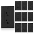 ELEGRP Decorator Receptacle, 15A 125V Standard Electrical Wall Outlet, 2 Pole 3 Wire, Non-Tamper Resistant, NEMA 5-15R, Self-Grounding Residential Grade, w/Wall Plate, UL (Glossy Black, 10 Pack)