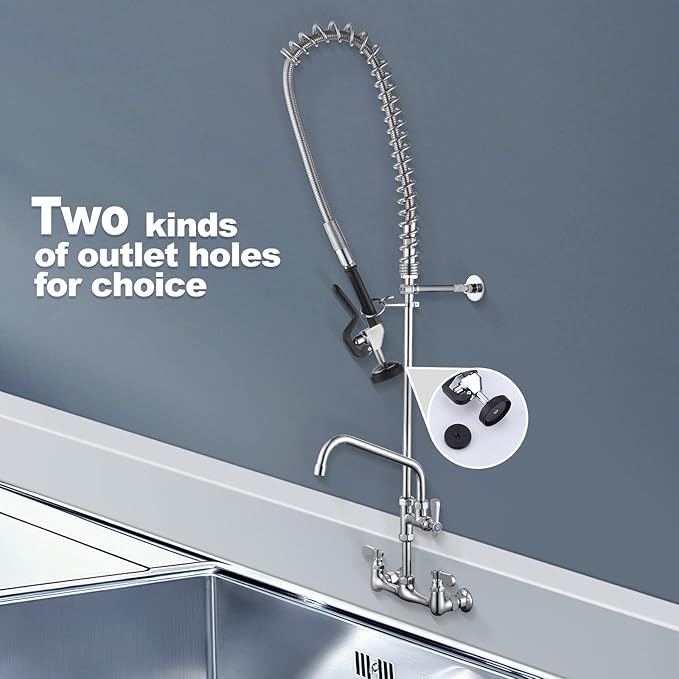 43" Height Commercial Kitchen Sink Faucet with Pre-Rinse Sprayer, 8 Inch Wall Mount Center Sink Faucet with Pull Down Spray Unit, Compartment Sink Faucet with 10" Swivel Spout for Restaurant