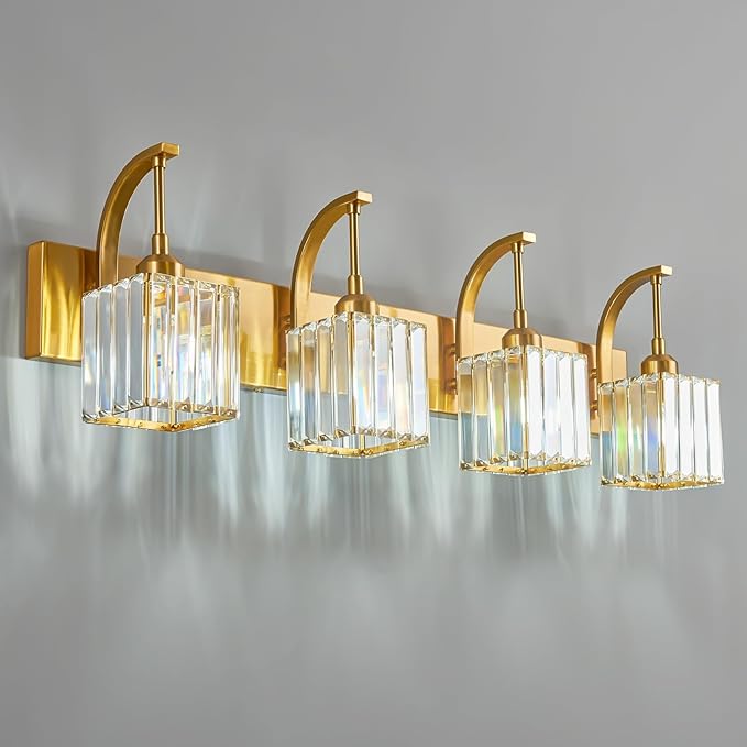 Crystal Vanity Lights 4-Light Gold Bathroom Vanity Lights Modern Crystal Bathroom Light Fixtures Over Mirror 32.67" Long Vanity Light for Bathroom