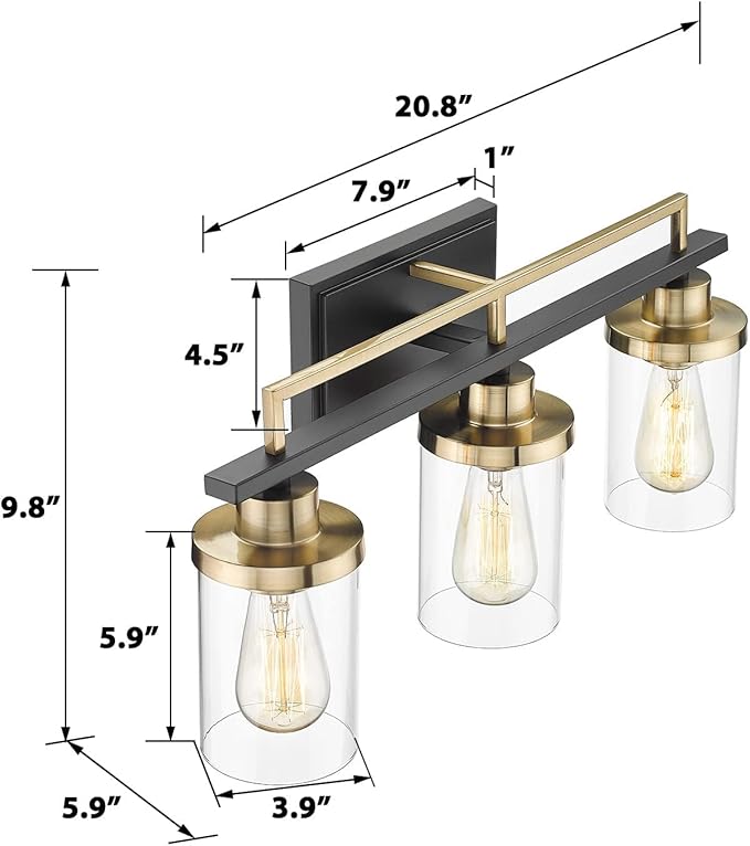 Emliviar 3-Light Bathroom Vanity Light Fixtures - Black and Gold Finish with Clear Glass, YCE238B-3W BK+BG