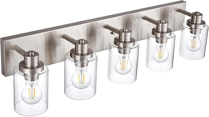 5 Light Brushed Nickel Vanity Lights Bathroom Lighting Fixtures Over Mirror, Modern Bathroom Lights with Clear Glass Shade, Farmhouse Vanity Wall Sconces Lighting for Bedroom Living Room