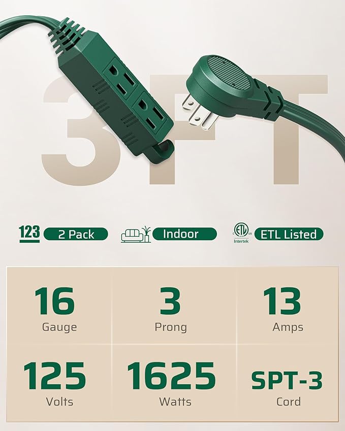 DEWENWILS 3 Outlet Extension Cord with Flat Plug, 3FT 16/3 Awg Grounded Power Cable for Indoor Use, SPT-3 Cord, Green, ETL Listed, 2 Pack