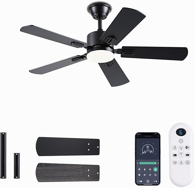 42 inch Modern Ceiling Fans with Lights APP/Remote Control, Low Profile Reversible 6 Speeds Ceiling Fan Light for Indoor/Outdoor Patio Bedroom Living Room,Black
