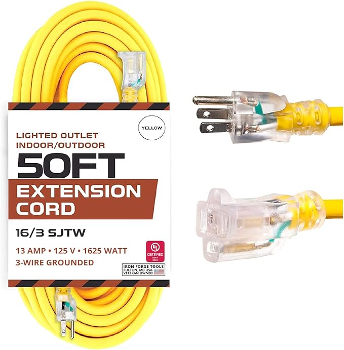 Iron Forge Cable Weatherproof 50 Ft Outdoor Extension Cord - 16/3 SJTW 13 Amp Heavy Duty Highly Visible Yellow Extension Cord 50ft 3 Prong - Lighted End