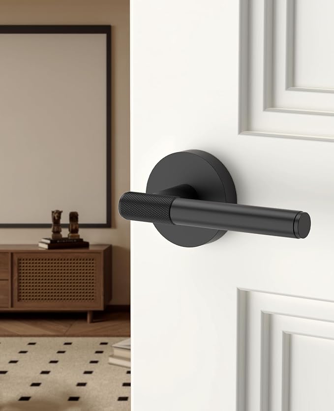 Asidrama 4 Pack Passage Door Handles with Lock, Black Door Handles Interior for Bedroom or Bathroom, Heavy Duty Door Lever with Reversible Interior Door Handle for Left Right Sided Doors