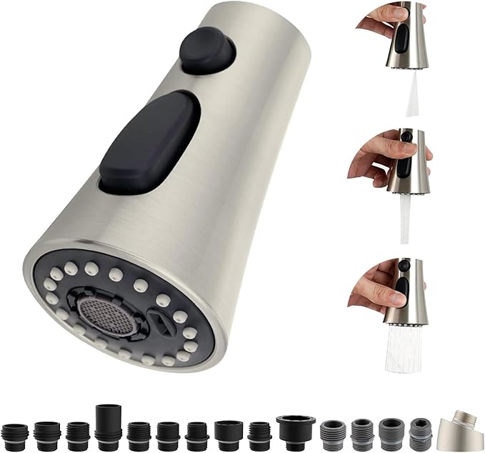 Hibbent Kitchen Sink Faucet Head Replacement, NSF/ANSI/CAN 61 & CUPC Certified, 3-Function Pull Down Sprayer Nozzle with 15 Adapters, Compatible with Delta, Kohler, Moen Faucets, Brushed Nickel