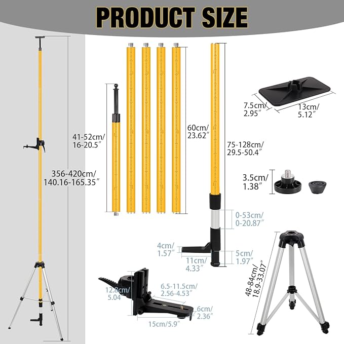 MOETER Upgraded 13.8Ft./4.2M Telescoping Laser Level Tripod with Level Bubble and 1/4"-20 Mount, Adjustable Laser Pole with Top Wide Plate for Laser Scanner, 5/8"-11 Adapter Nut Included