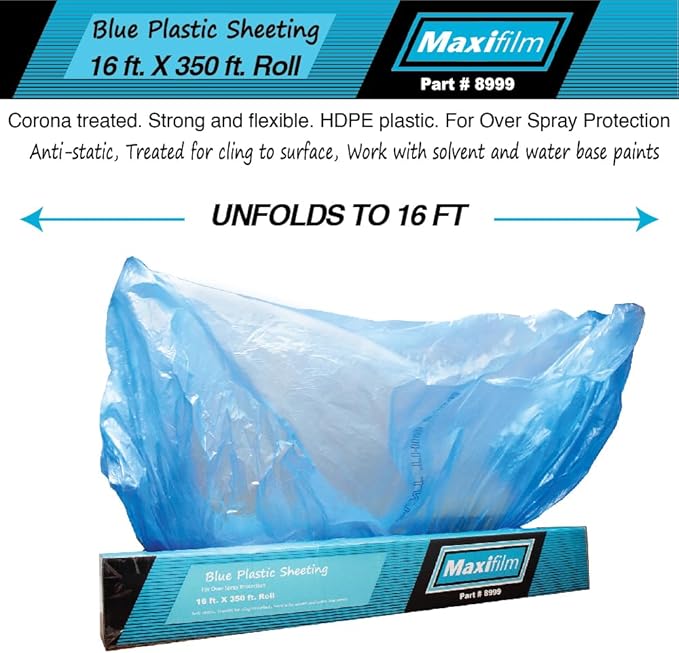 MAXIFILM 16ft x 350ft Roll of Blue Overspray Paintable Masking Plastic Sheeting -8 Micron, 0.3 Mil, Protective Masking Film Cover, Auto Painting, Cover Cloth Home Walls Furniture (1, 16ft x 350ft)