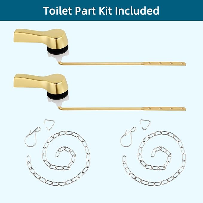Hygie Rinse 2PCS Metal Toilet Handle Lever Flush Replacement, Universal Front Mount Toilet Handle with Stainless Steel Flapper Chains, Toilet Repair Kit, Shiny Gold