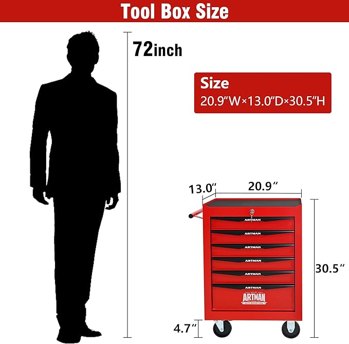 6 Drawers Rolling Tool Box on Wheels, Multifunctional Tool Chest Cabinet with Lock, Drawers Rolling Tool Cart Trolley Organizer Tool Storage Case for Warehouse,Garage,Workshop (Red)
