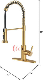 GIMILI Gold Touchless Faucet with Pull Down Sprayer, Motion Sensor Smart Activated Single Hole Spring Faucet for Kitchen Sink, Brushed Brass Finish