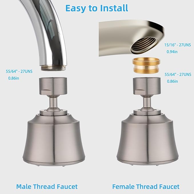 iFealClear Kitchen Sink Faucet Head, 360° Faucet Sprayer Attachment for Kitchen Faucet, Large Angle Faucet Aerator 55/64-27UNS, 2 Metal Swivel Joints, 4 Spray Modes, Brass Adapters, Brushed Nickel