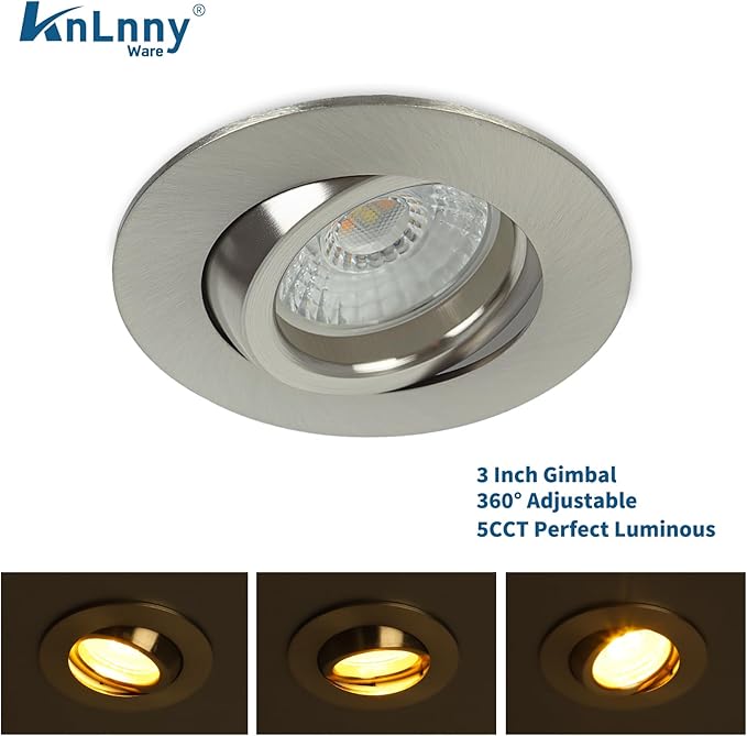 Brushed Nickel 3 Inch Recessed Lighting 6 Pack, Ajustable Eyeball recessed Light with Junction Box,5 Color Selectable,Airtight,7W 550LM,Dimmable,Brushed Nickel