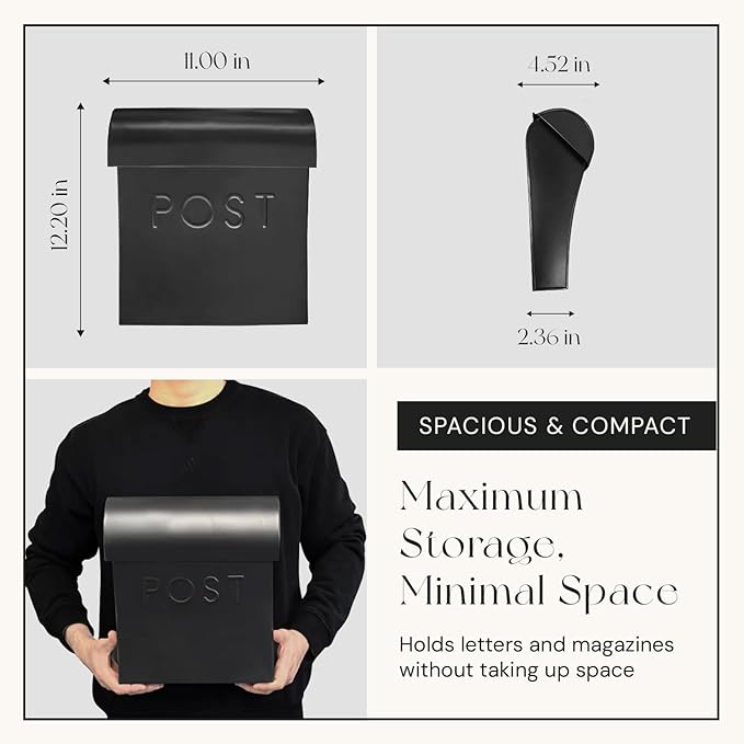 NACH Vicki Style Black Wall Mount Mailbox, Made from Heavy Duty Galvanized Metal, Waterproof & Rust-Resistant, Secure Mails & Package Storage, 12.5 x 11 x 4.5 Inches