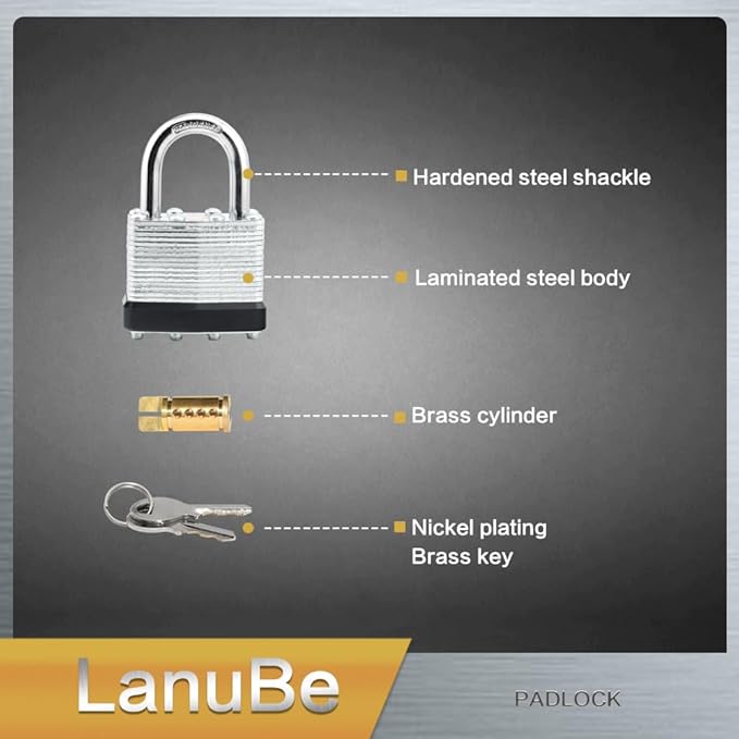LanuBe Lock Laminated keyed Padlock (1-9/16", 40mm), keyed Alike Locks, Normal Shackle,Marked Black Plastic Hoop, Pack of 6…