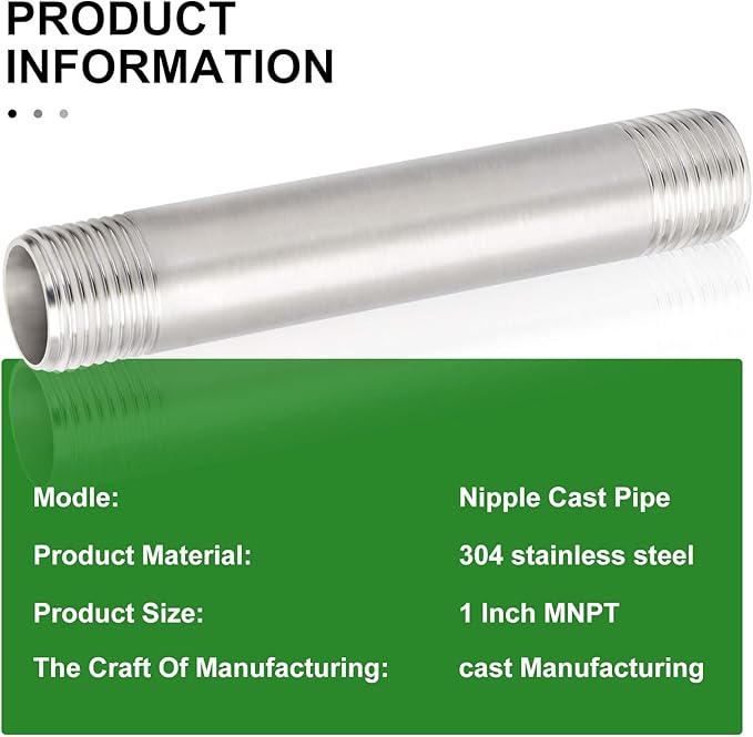 TAISHER 2PCS Stainless Steel Pipe Fittings, 1" NPT x 1" NPT Male Threaded, 6" Length Nipple Cast Pipe