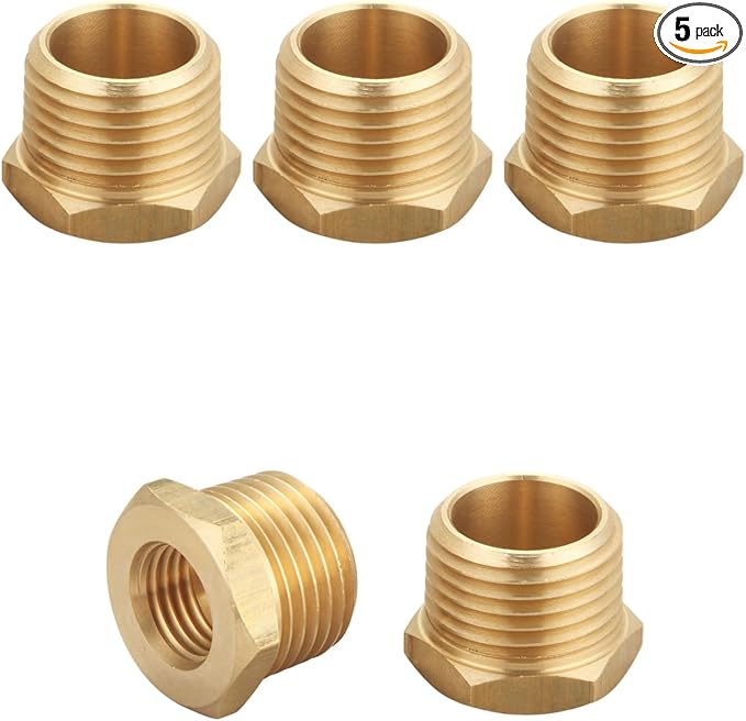 Brass Hex Reducer Bushing Adapter, 1/2" NPT Male x 1/4" NPT Female, Fits Pressure Gauges & Air Distribution Systems, For Hard Line or Fixed Air Lines, Thread 0.75" OD to 0.5" ID, 5pcs