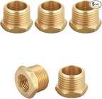 Brass Hex Reducer Bushing Adapter, 1/2" NPT Male x 1/4" NPT Female, Fits Pressure Gauges & Air Distribution Systems, For Hard Line or Fixed Air Lines, Thread 0.75" OD to 0.5" ID, 5pcs