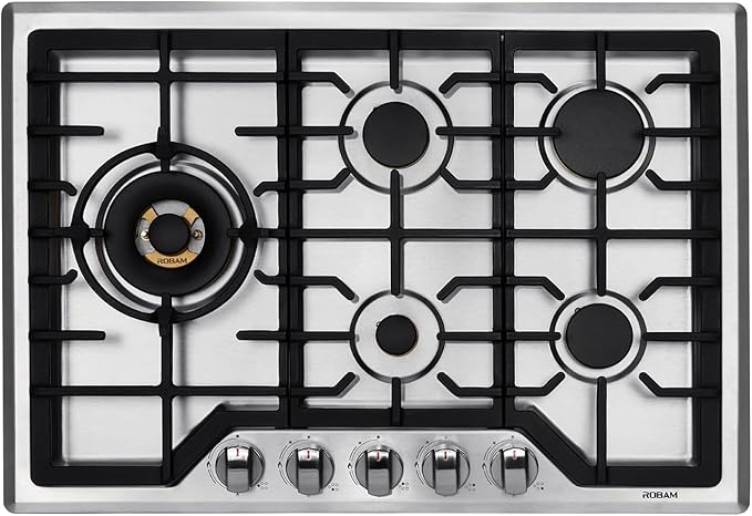 ROBAM 30" Gas Cooktop G513 with 5 Made in Italy Brass Burners, Built-in NG/LPG Convertible Gas Stove, 20,000 BTUs Power Burner, Flameout Protection