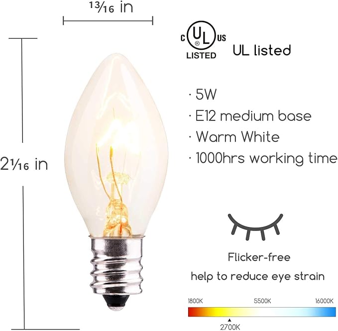 100 Pack C7 Christmas Replacement Light Bulbs, C7 Clear Incandescent Bulb for Christmas String Light, E12 Candelabra Base, 5 Watt, Clear