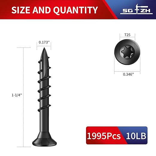 #8 x 1-1/4" Deck Screws (1995Pcs) 10lb. Exterior Wood Screws. Carbon Steel, Black, Flat Head, Rust Resistant epoxy Coated, with T25 Star Bit