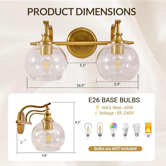 ANDY STAR 2 Light Bathroom Vanity Light, Brushed Gold Bathroom Light Fixtures, Wall Lighting with Clear Globe Glass Shades, Brass Wall Sconce for Living Room, Bedroom, Hallway