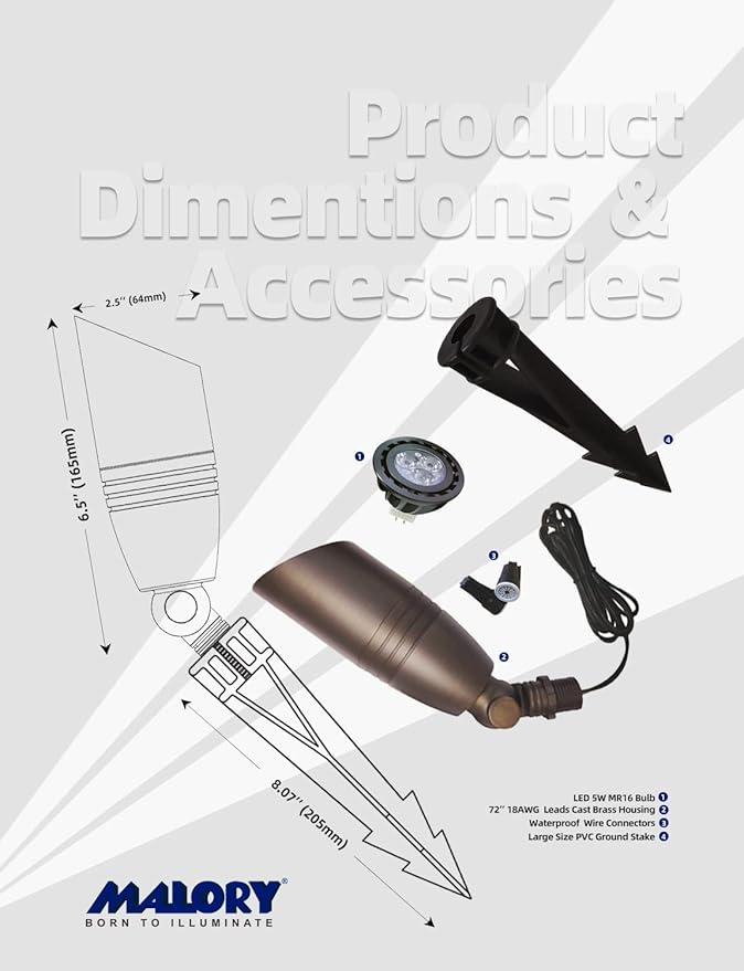 MALORY Brass Landscape Spotlights 12-Pack with Bulb Kit(S02), Low Voltage 12V AC/DC LED Outdoor Spot Uplights for House and Tree,PVC Ground Stake and Wire Connector Included, 5W 2700K Warm White