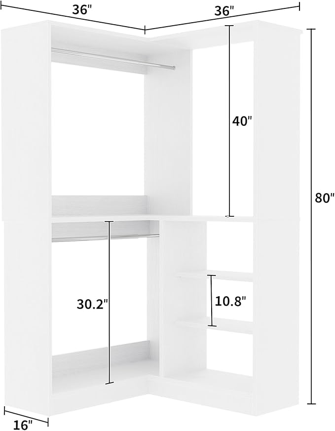 Unikito Corner Closet System, 36 Inch Large Freestanding Closet Organizer System with 2 Hanging Rods and Storage Shelves, Sturdy Walk in Closet Tower, 36" W x 36" D x 80" H, White