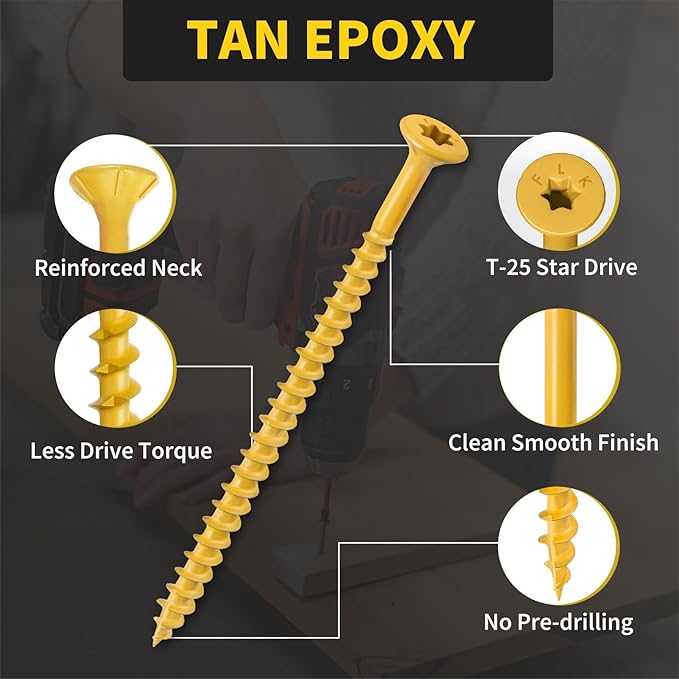 Wood Screws 4 Inch, FIXLINK Deck Screws #10 x 4, 105 PCS, Epoxy Coated, T25 Star Bit Above 1500 Hour Salt Spray Coating Outdoor Decking Screws Excellent Rust Resistant for Wood Fence, Tan