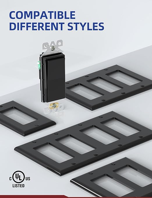 AIDA Single Pole Rocker Decora Light Switch, 15 Amp Self-grounding Electrical Light Switches, Residential Grade, UL Listed (50, Glossy Black, Without Wall Plate)