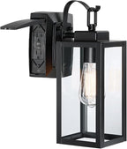Pia Ricco Outdoor Porch Lights with GFCI Outlet, Matte Black Outside Wall Lantern with Clear Glass Shade, Waterproof Wall Mount Lighting Fixture, Exterior Sconce for House Patio Garage, ETL Listed