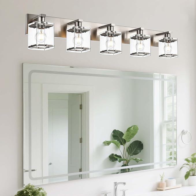 5-Lights Brushed Nickel Bathroom Wall Light with Clear Glass Shade, E26 Bulb Base Vanity Lighting Fixtures Over Mirror for Kitchen Cabinet Bedroom