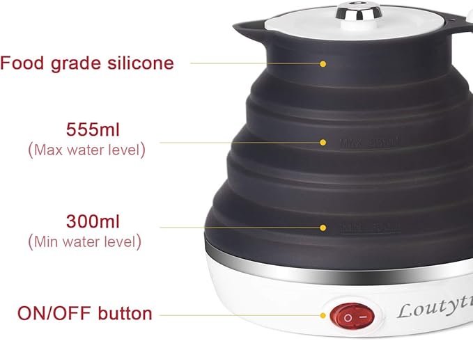 Ultrathin Upgraded Food Grade Silicone Travel Foldable Electric Kettle Boil Dry Protection Portable with Dual Voltage and Separable Power Cord,555ML 110-220V US Plug