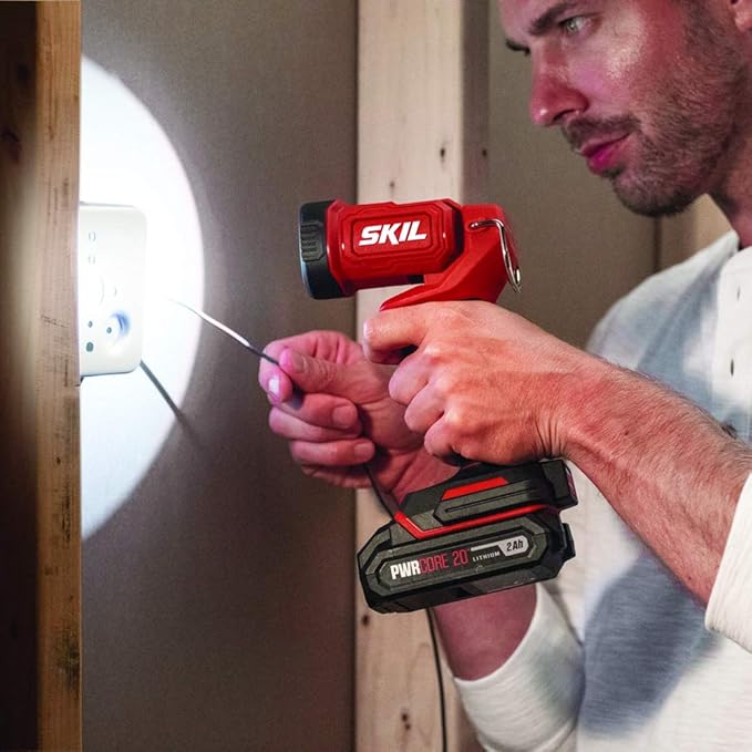 SKIL 4-Tool Kit: 20V Cordless Drill Driver, Impact Driver, Reciprocating Saw and LED Spotlight, Includes Two 2.0Ah Lithium Batteries and One Charger - CB739601, White